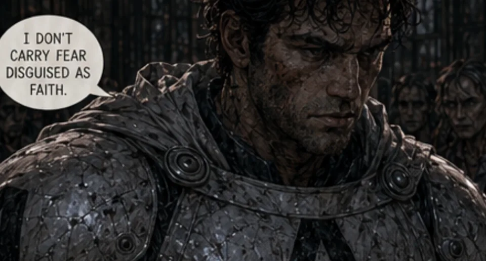Atlas, rain-soaked, head bowed, in cracked white armor