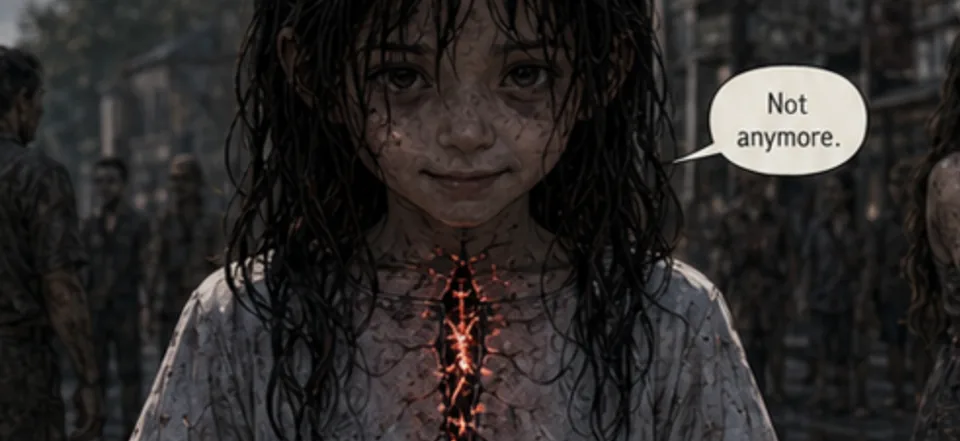 A small girl with wet hair smiles faintly; red light glows beneath the skin of her throat