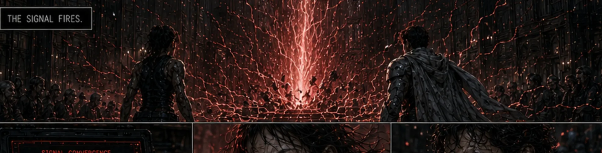 A red signal erupts through a dark city as Atlas and another figure watch.